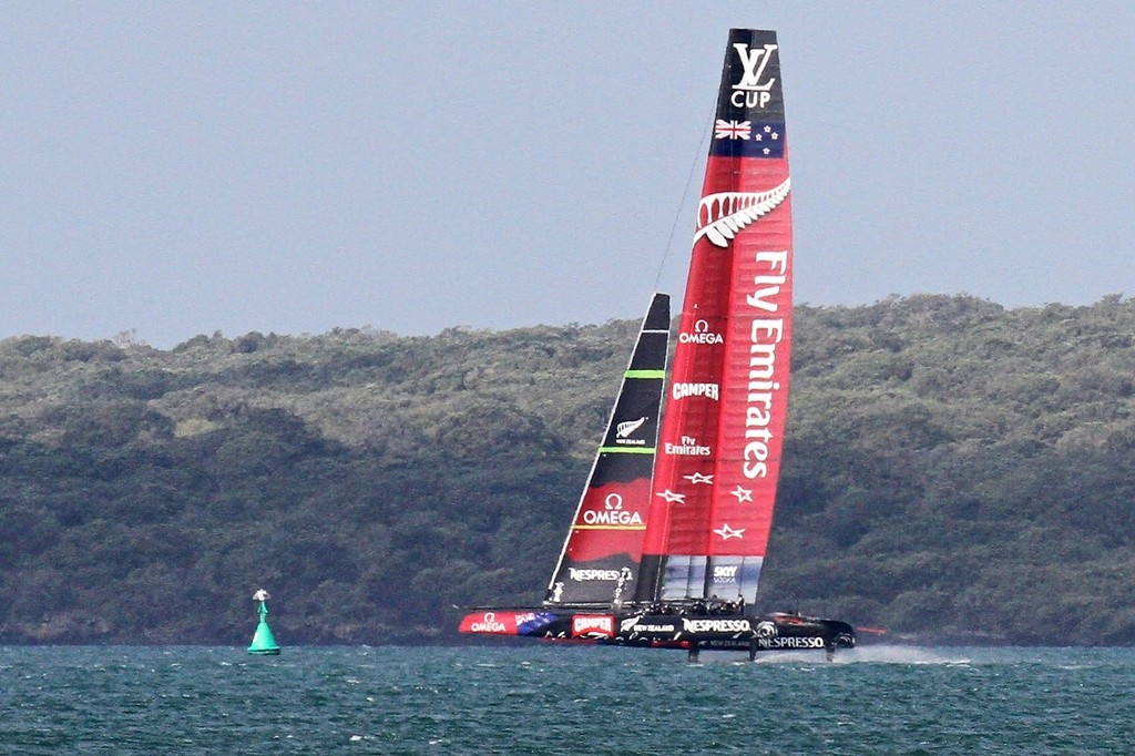 Emirates Team NZ gets into her work on the downwind leg - AC72 Race Practice - Takapuna March 8, 2013 © Richard Gladwell www.photosport.co.nz